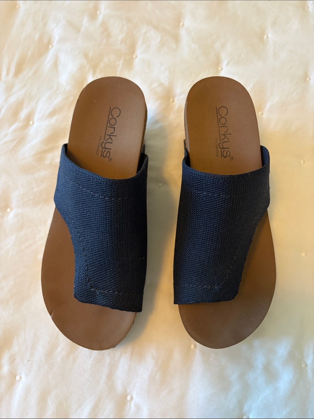 Corkys Navy Fabric Wedge Slide Sandals - Picture 2 of 7